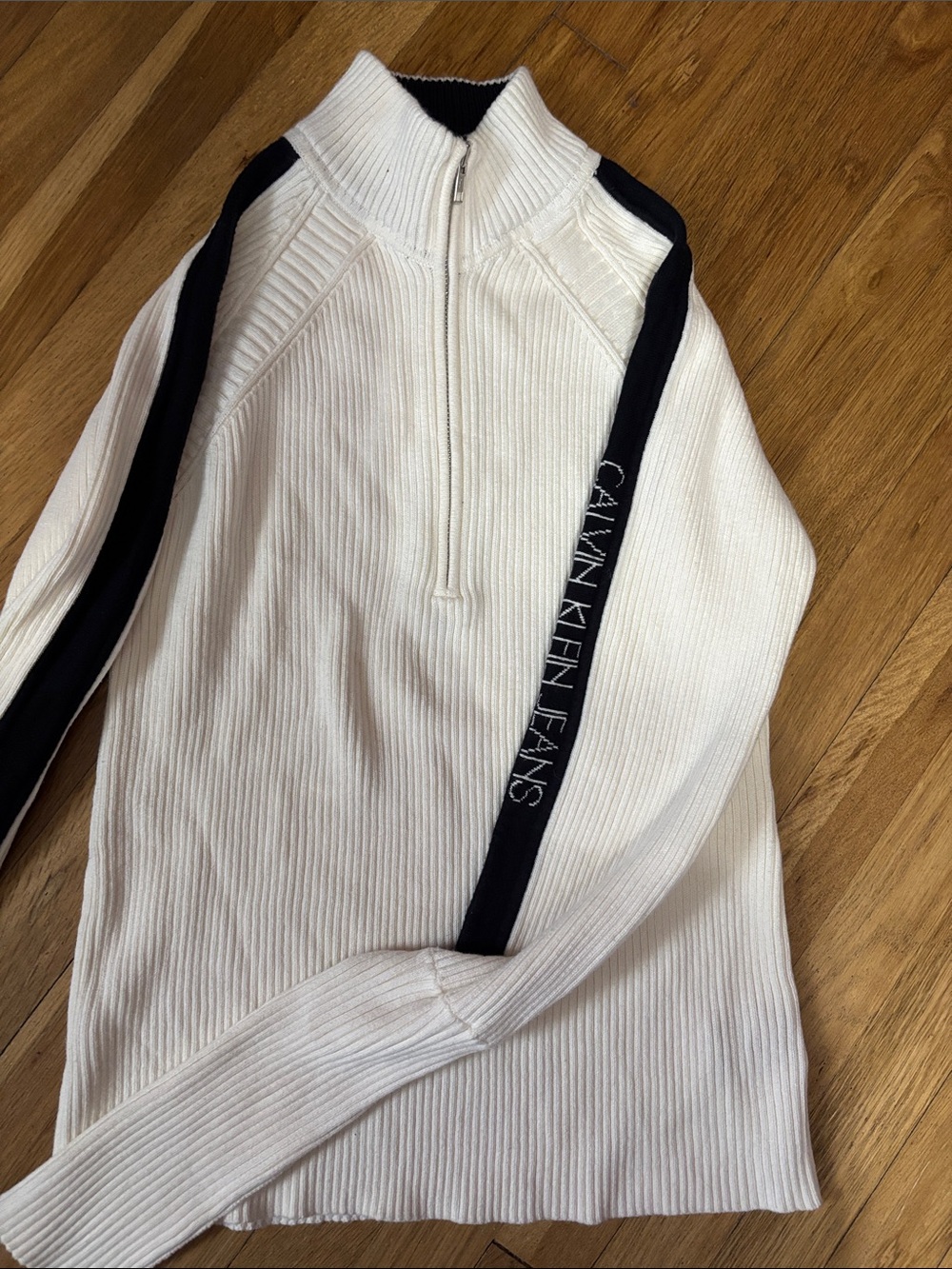 Calvin Klein Jeans White Ribbed Half-Zip Sweater with Black Stripe